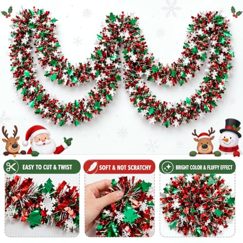 Riceshoot 131ft Red Green White Christmas Tinsel Garland Metallic Foil Decor, Classic 40m