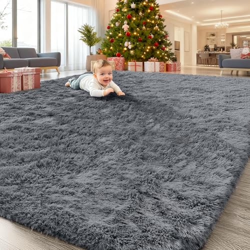 8x10 Ft Large Machine Washable Area Rug for Living Room & Bedroom - Grey, Soft Shaggy Floor Carpet