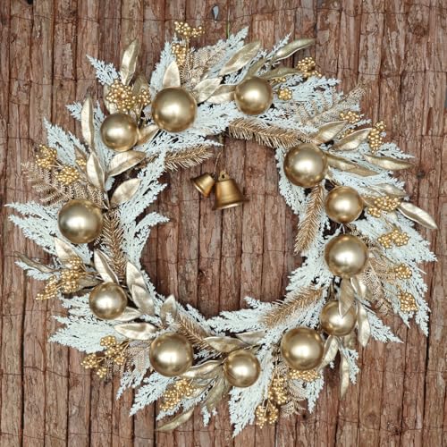 24 Inch Gold Christmas Wreath with Berries Bells Pampas Grass for Front Door & Indoor Decor
