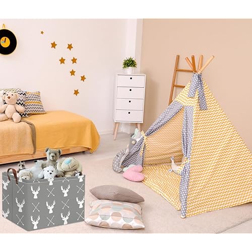 HIYAGON Baby Basket Cute Toy Bin for Boys and Girls Kids Storage Bin Organizer Box Gift Basket Empty Rectangular Deer Room Decor for Home(Grey deers)