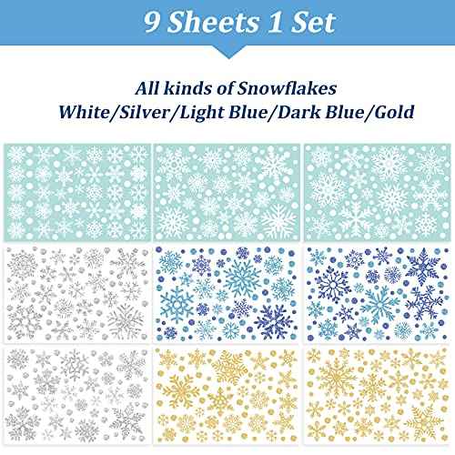 Whaline 541Pcs Winter Snowflake Window Clings Stickers Double-Sided White Silver Blue Gold Christmas Window Decals for Frozen New Year Home Shop Windows Glass Display Decoration, 9 Sheets