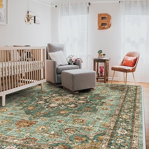 Washable Oriental Area Rug - Green 8x10 Vintage Floral Non-Slip Carpet