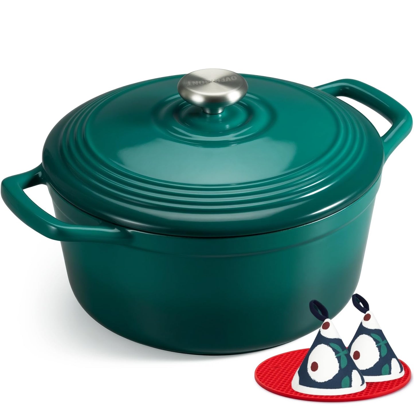 Overmont Enameled Cast Iron Dutch Oven - 5.5QT Pot with Lid Cookbook & Cotton Potholders - Heavy-Duty Cookware for Braising, Stews, Roasting, Sourdough Baking Bottle green