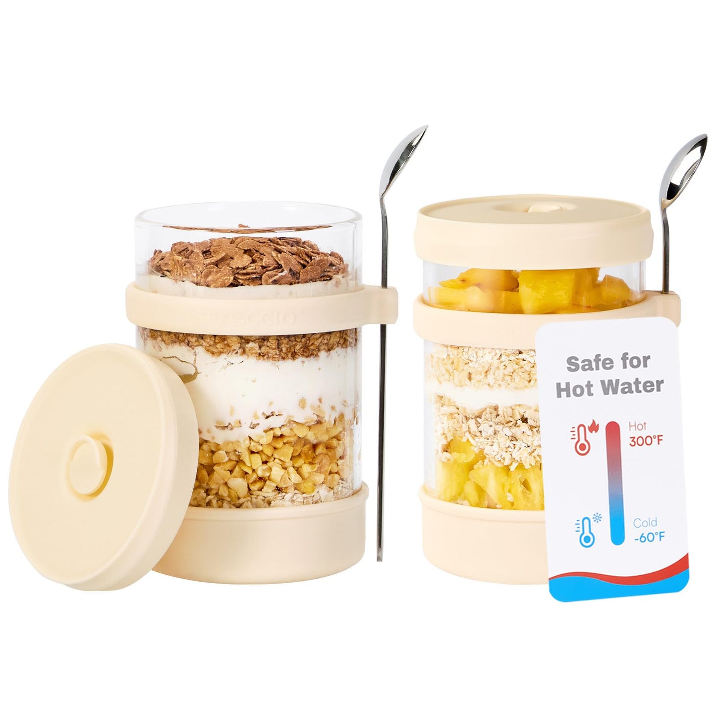 Spreccio Glass Overnight Oats Containers with Lids of Silicone and Spoon 16 oz [2 Pack], Airtight Overnight Oats Jars with Silicone Lid, For Yogurt Containers Chia Pudding Jars Snack Spice (Yellow)