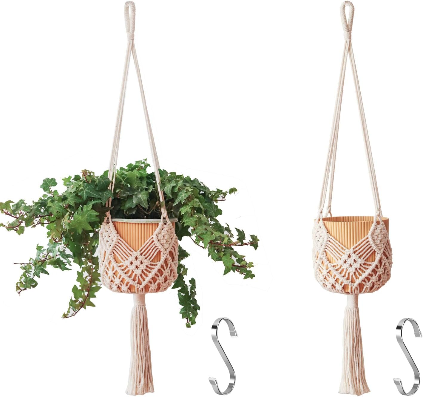 Skiennix Macrame Plant Hangers - Stylish Hanging Planters for 8-Inch Pots | 2-Pack, White