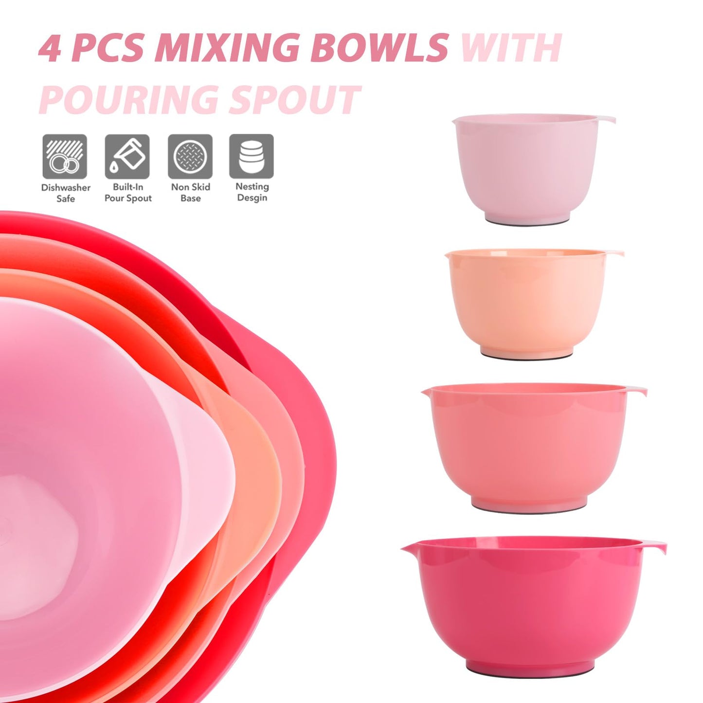 BoxedHome Classic Mixing Bowl Set, BPA Free Plastic, Microwave and Dishwasher Safe (Set of 4, Pink), 4.5 quarts