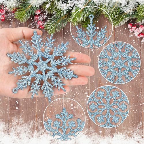 36Pcs Blue Glitter Snowflake Decorations Christmas Ornaments, Hanging Plastic Snow Flakes Ornaments with Silver Rope for Christmas Tree Decorations, Winter Wonderland Party Supplies