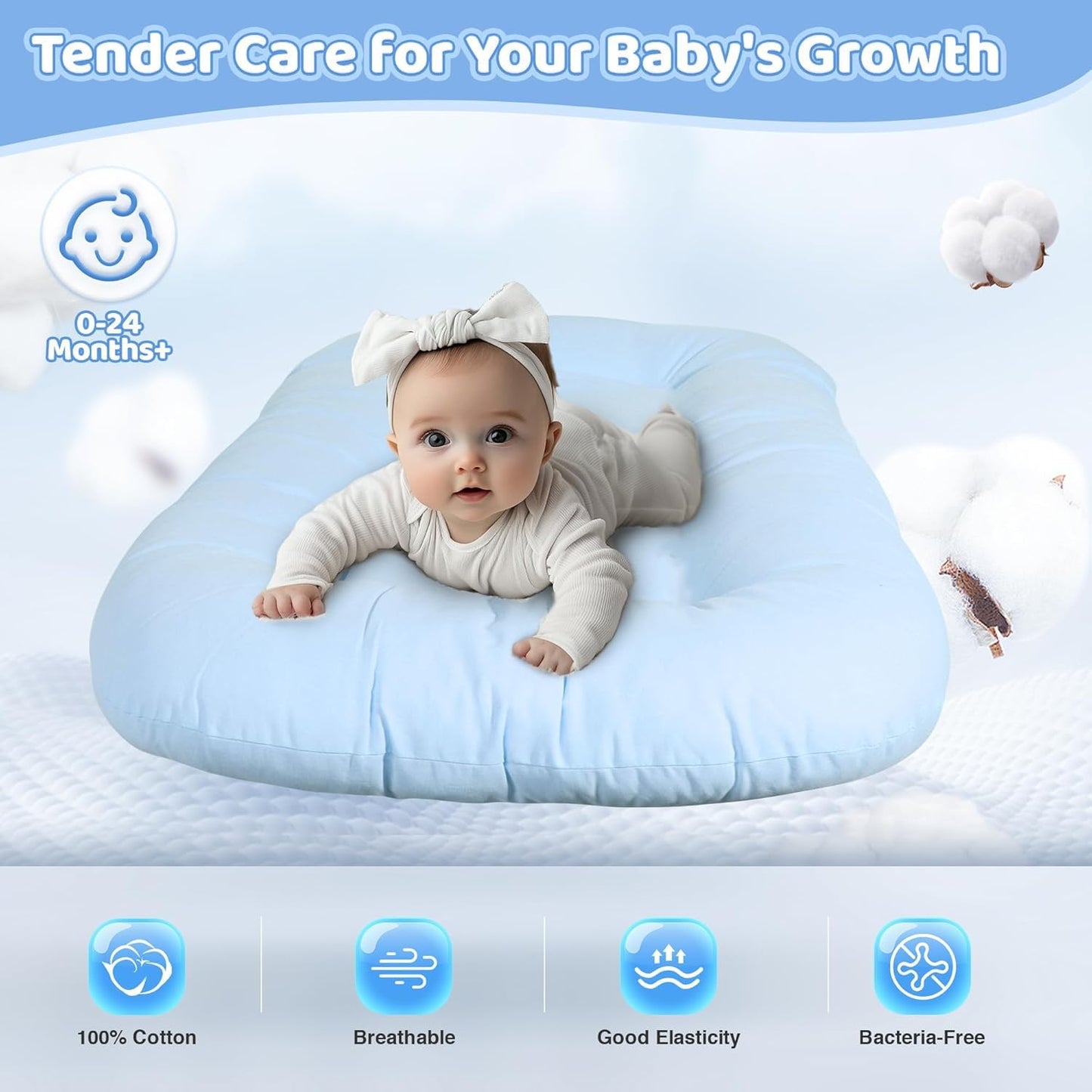 Skiennix 100% Cotton Baby Lounger - Washable Play Mat & Tummy Time Mat for Newborns (0-24 Months) | Blue