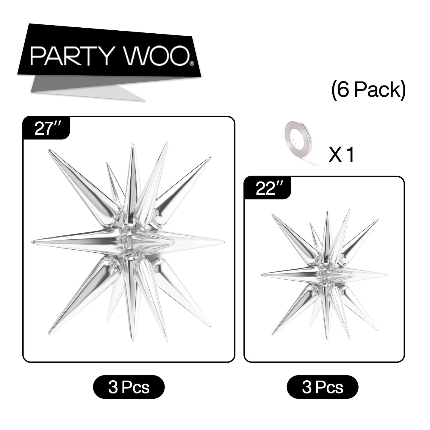 PartyWoo Metallic Silver Star Foil Balloons 6pcs Different Sizes Pack of 27 22 Inch Explosion Spike Mylar Balloons for Graduation Anniversary Bachelorette Engagement Birthday Party Decorations