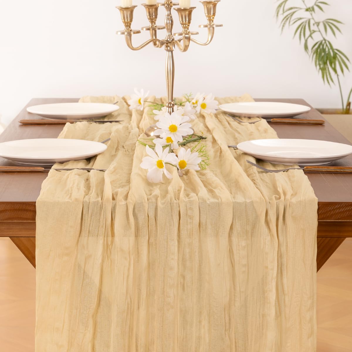 Socomi 6pcs Gold Champagne Cheesecloth Table Runner Summer Boho Rustic Gauze 120 inch 10FT Cheese Cloth Sheer Runner for Wedding Party Baby Shower Birthday Home Decor Holiday Decorations