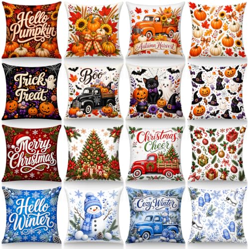 Festive 16-Pack Seasonal Pillow Covers 18x18 Inches - Halloween, Christmas, Fall & Winter Decor