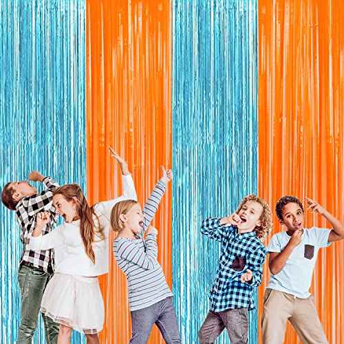 2 Pack Blue Orange Foil Metallic Fringe Curtains for Party Decorations Blue Orange Curtain Backdrop Streamer for Birthday Party Dart War Party Supplies Party Decors, 3.25ft x 6.5ft x 2pcs