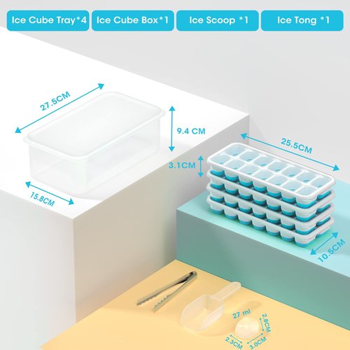 DOQAUS Ice Cube Tray with Lid and Bin, 4 Pack Silicone Plastic Iced Cubes Trays for Freezer with Box/Container, Stackable with Storage Ices Bucket, Tong, Scoop, for Baby Food, Cocktail, Coffee