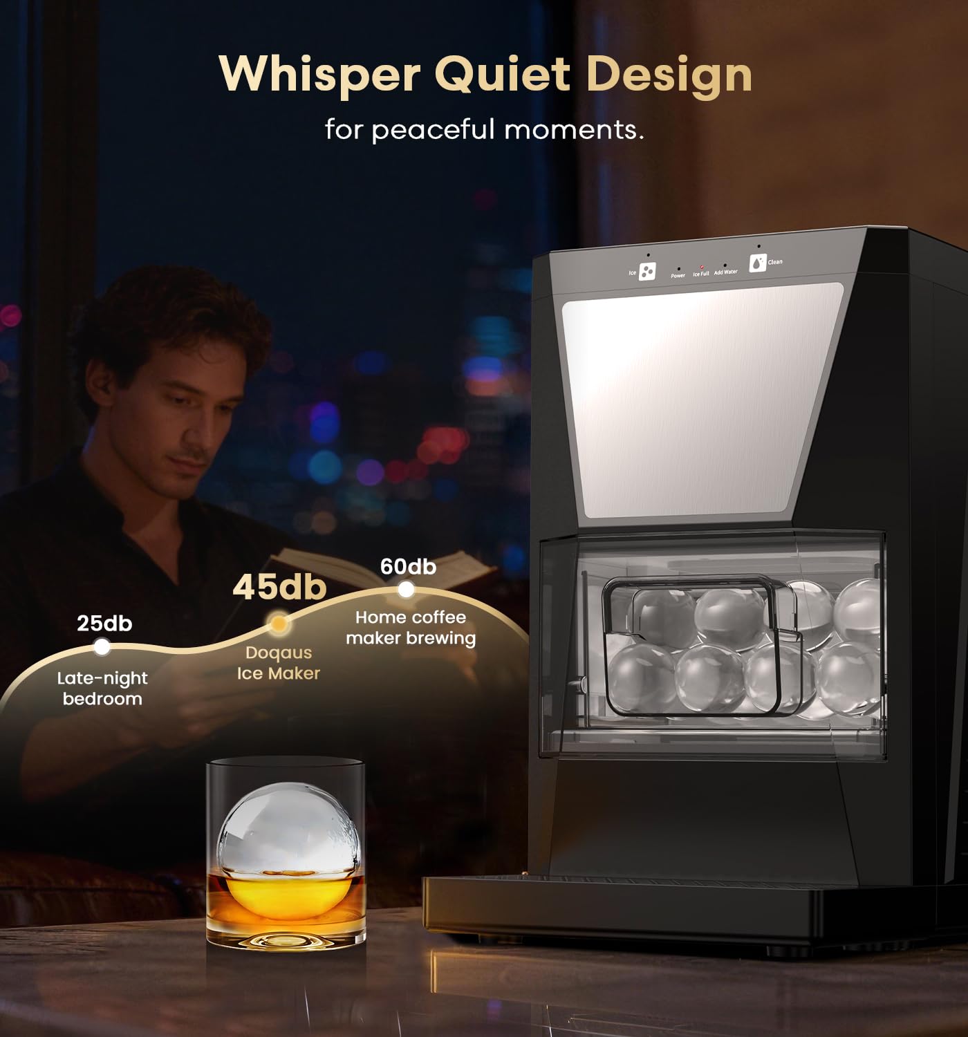DOQAUS Clear Ice Cube Maker, 2.2-Inch Ice Ball Maker Machine with Water Recycling & Self-Cleaning, Automatic Sphere Ice Maker for Premium Whiskey & Home Bar Cocktails