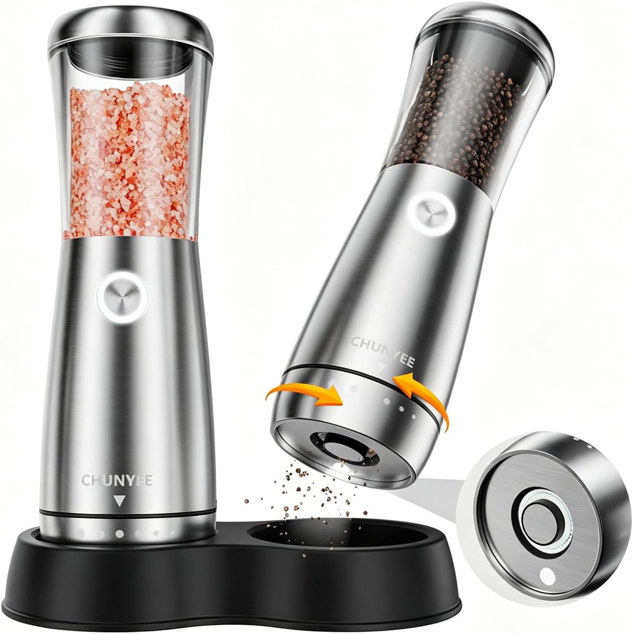 Skiennix Electric Salt and Pepper Grinder Set - Automatic Stainless Steel with LED Light & Adjustable Coarseness