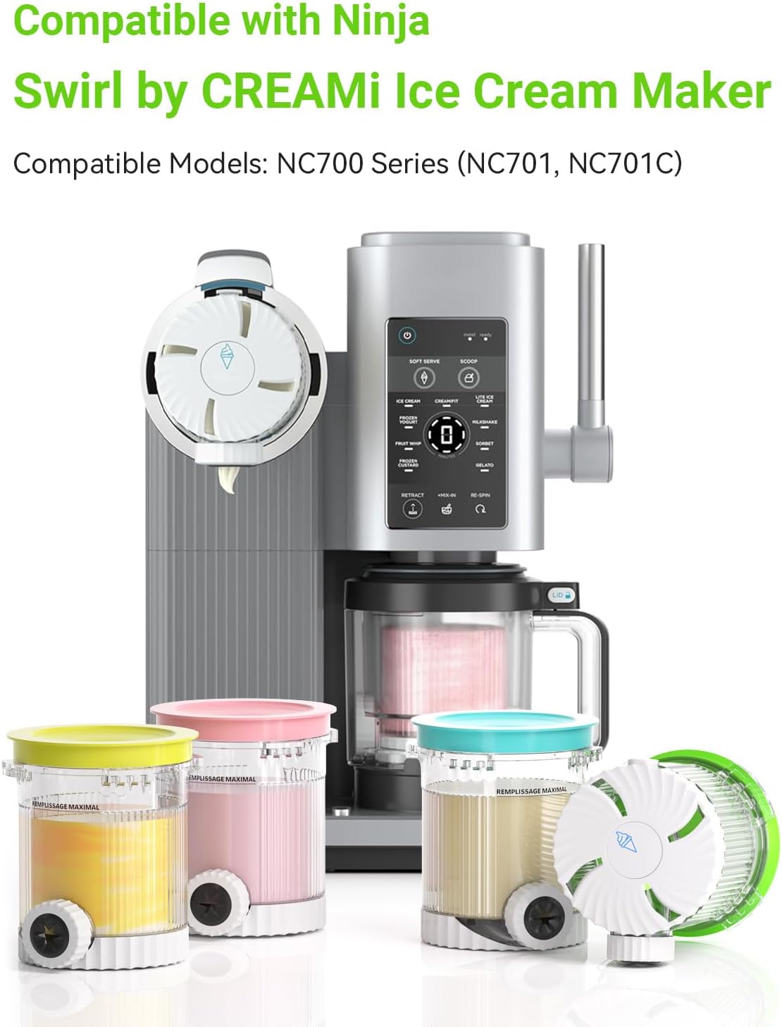 Ninja Creami Swirl Pints & Lids - 4 Pack Compatible with NC700 Series | BPA-Free, Dishwasher Safe