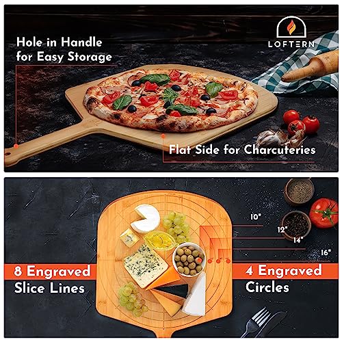 Loftern Natural 16-Inch Wooden Pizza Peel with Engraved Sizes & Serving Guide