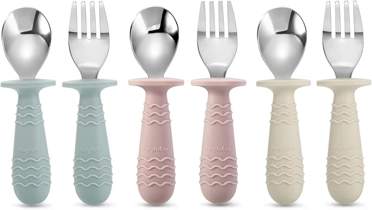 PandaEar Baby Toddler Utensils Set - 6-Piece Silicone & Stainless Steel Silverware | BPA-Free, Anti-Choke Design (Blue, Pink, White)