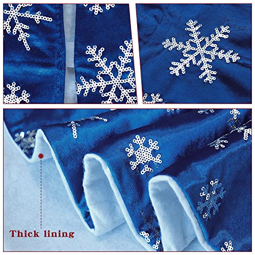 Silver Bunny Chorus Christmas Tree Skirt 36 Inch Blue Velvet with Sequin Snowflakes