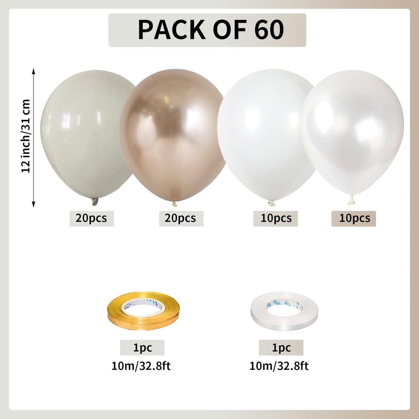 Skiennix 40-Inch Number 1 Balloon - 60 Pcs White Gold & Nude Cream Confetti Balloons for 1st Birthday & Boho Wedding Decor