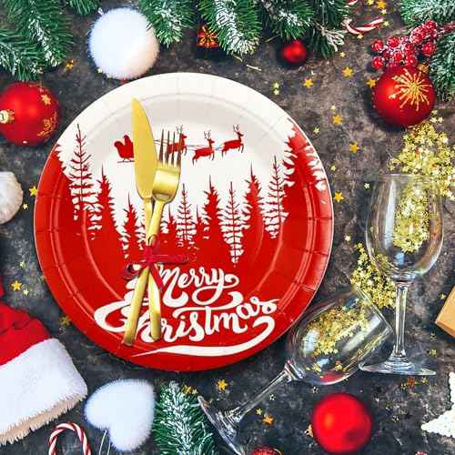 NUMONE Merry Christmas Plates, 50pcs-7inch Tree Holiday Paper Plates Party Supplies Disposable Dinnerware for Christmas Holiday Celebration