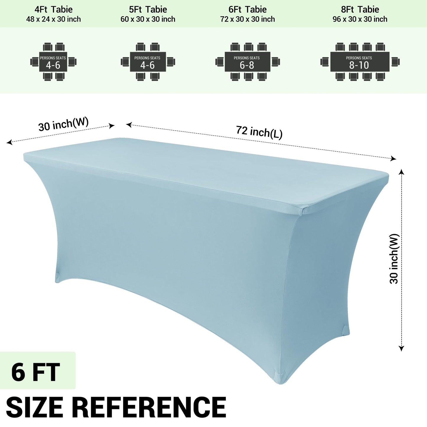 Obstal 6Ft Stretch Spandex Table Cover for Standard Folding Tables - 2 Pack Universal Rectangular Fitted Tablecloth for Party, Banquet, Events, Trade Show (Dusty Blue, 72L x 30W x 30H Inches)