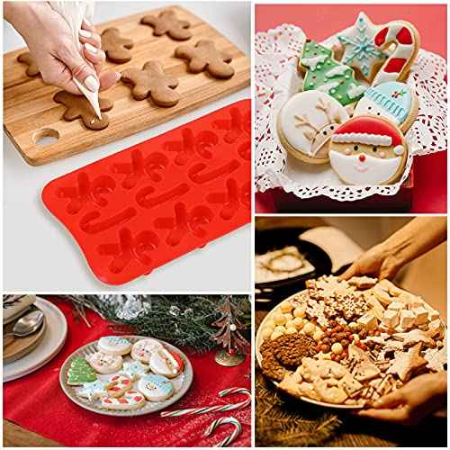 Christmas Silicone Chocolate and Candy Molds, Small Baking Molds for Cake Toppers, Santa Clause Snowman Christmas Tree Presents Gingerbread Stockings Star Candy Cane Molds 6Pcs