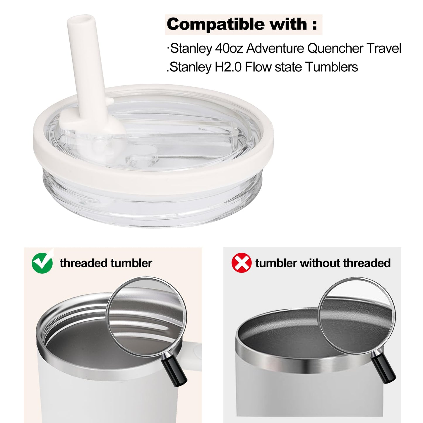2 Pack 40 oz Tumbler Flip Straw Leak Proof Lid Replacement Fit for Stanley Quencher,40 oz Tumbler Lid Replacement for Stanley Cup,No Spill Proof Straw Cover for Stanley Cup Accessories (Cream White)