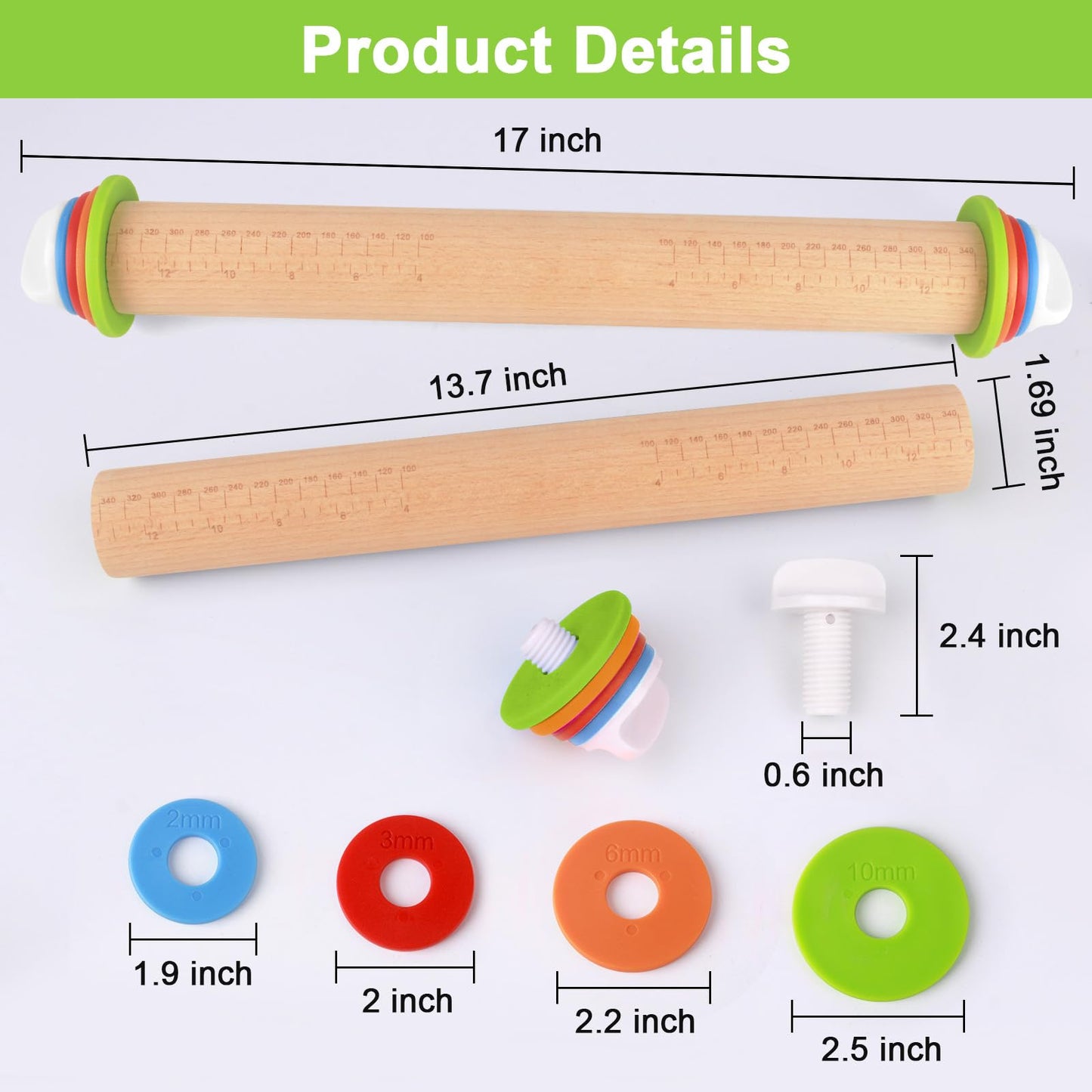 Wood Rolling Pin with Thickness Rings, Adjustable Wooden Rolling Pins for Baking, Dough Roller Pins for Cookie Pastry Tools Cake Baker, Fondant Roller for Decorating Bakery Supplies Kitchen Gadgets