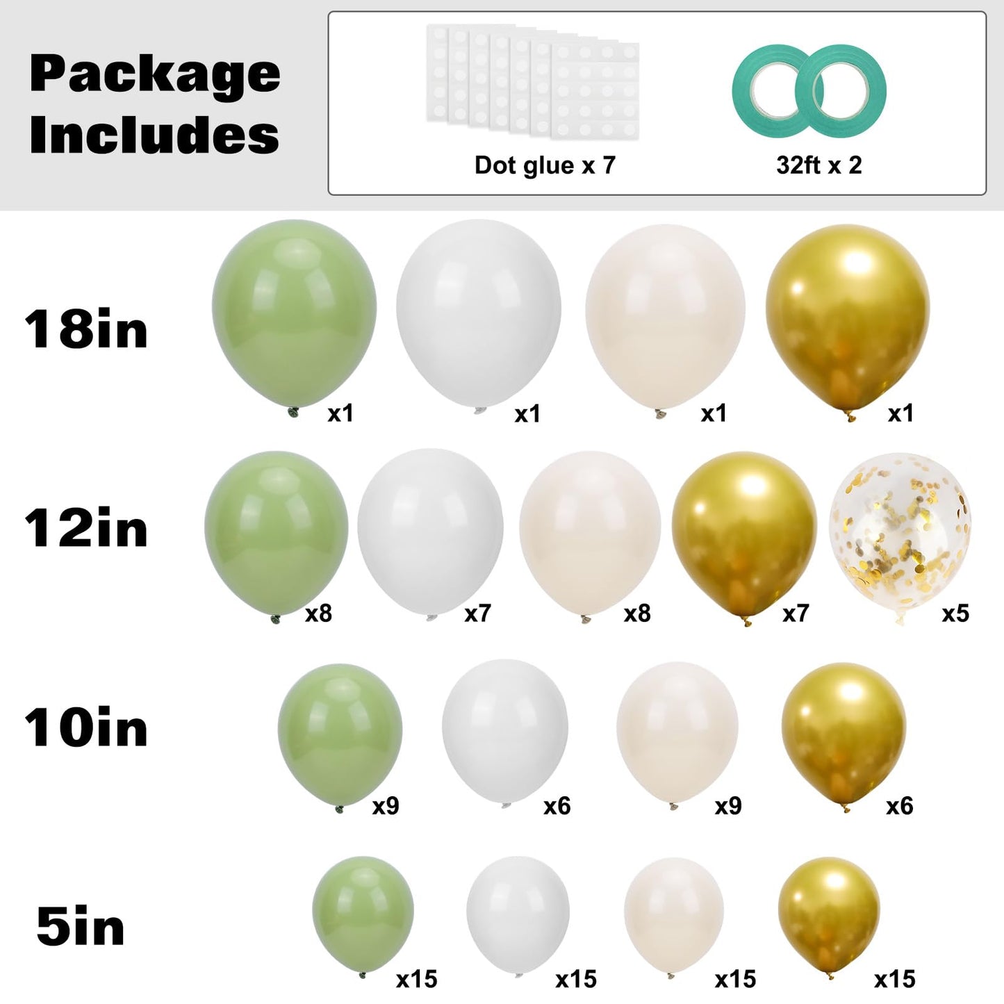 RUBFAC Sage Green White Gold Balloon Garland Arch Kit 129pcs Different Sizes Pack of 18 12 10 5 Inch, Latex Sand White Cream Confetti Gold Balloon Garland Arch Kit for Birthday Engagement Wedding
