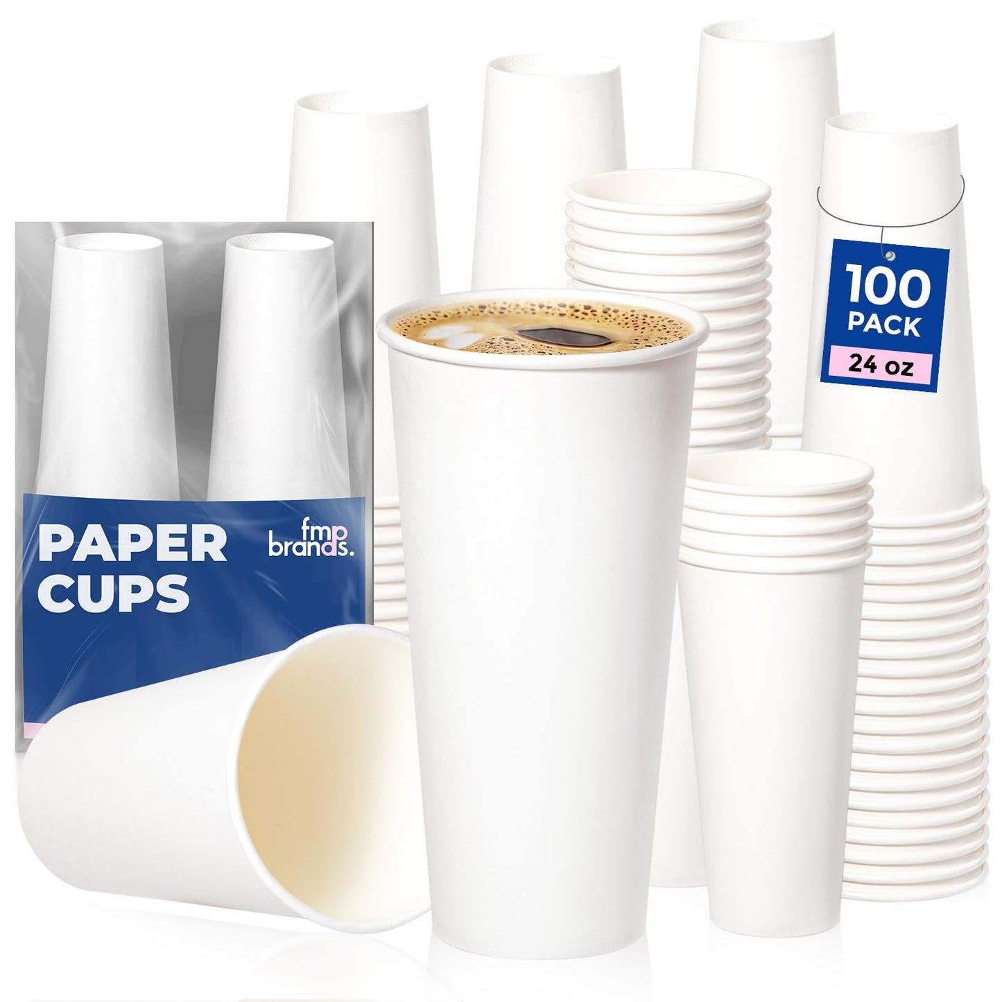 Fit Meal Prep 100 Pack 24 oz Disposable Paper Coffee Cups, Premium Hot Cups for Hot/Cold Beverage, Durable Thickened White Paper Cup Bulk for Party, Office, Bussines, Cafes, Bistros, Daily Use