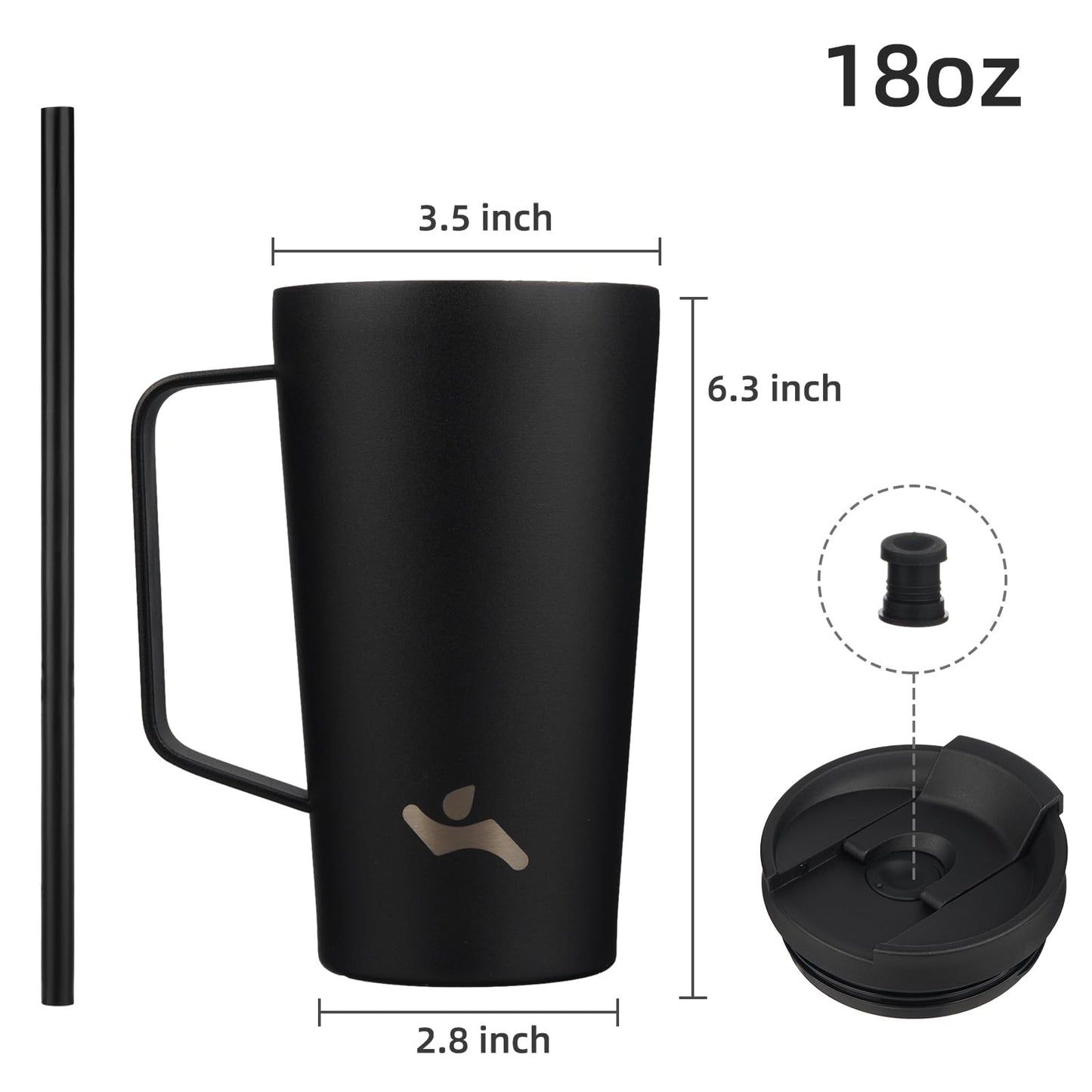 Insulated Tumbler with Handle and Straw, 18 OZ Travel Coffee Mug Stainless Steel Cup Metal Water Bottle,Black