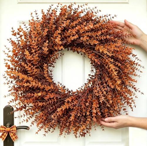 26in Fall Orange Eucalyptus Wreath - Artificial Autumn Decor, Large