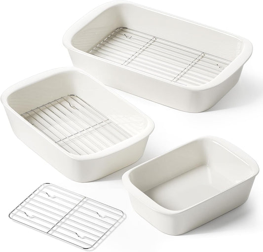LE TAUCI Deep Casserole Dishes Set - 3-Piece Ceramic Baking Dish Set with Handles, White (4.6QT/3.0QT/1.6QT)