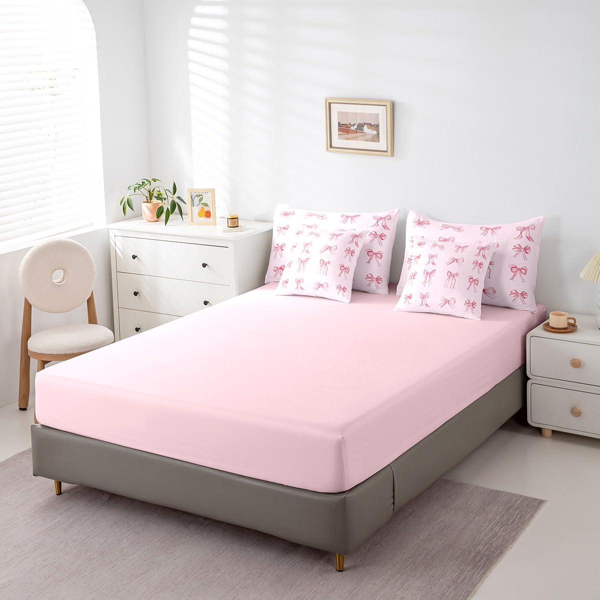 Feelyou Pink Bowknots Decoration 7 Piece Bedding Set Twin Size for Girls Pink Bow Dreamy Kids Bed in a Bag Girly Pink Bed Set