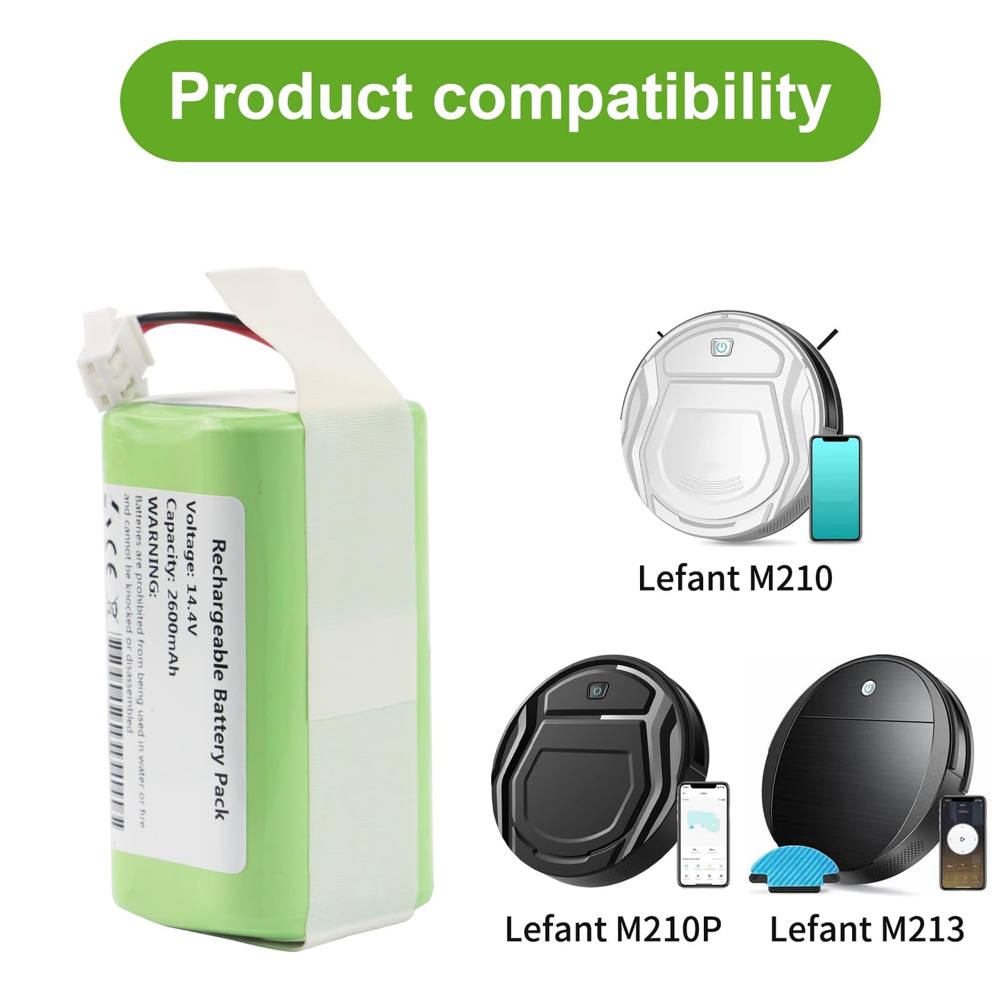 14.4V Vacuum Battery Replacement for Lefant M210 M210B M210P M213 M213S Robot Vacuum Cleaner 2600mAh