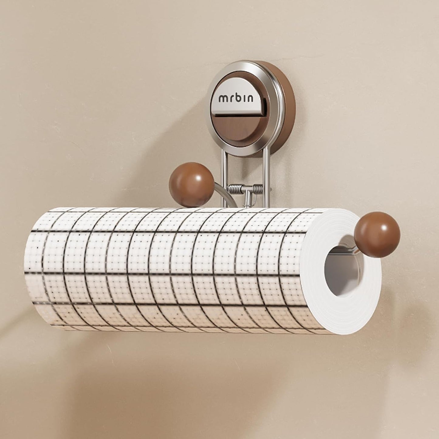 Skiennix Kitchen Paper Towel Holder - Suction Cup Design, Stainless Steel & Wood, No Drill, Large Size
