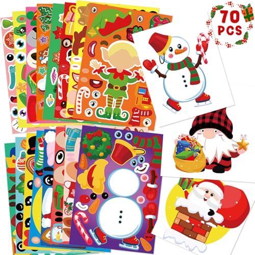80UncleKimby 70 Sheets Christmas Stickers Bulk - 16 Festive Designs for Crafts & Gifts