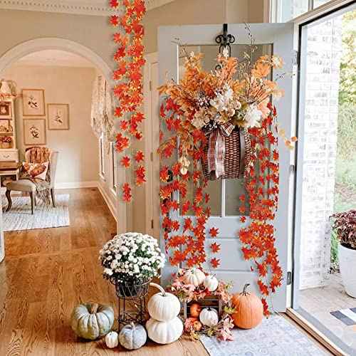 Sggvecsy 12 Pack 92Ft Fall Leaf Garland Artificial Maple Leaves Silk Autumn Hanging Vines Red Ivy Garland for Thanksgiving Home Wedding Party Garden Fireplace Christmas Decor