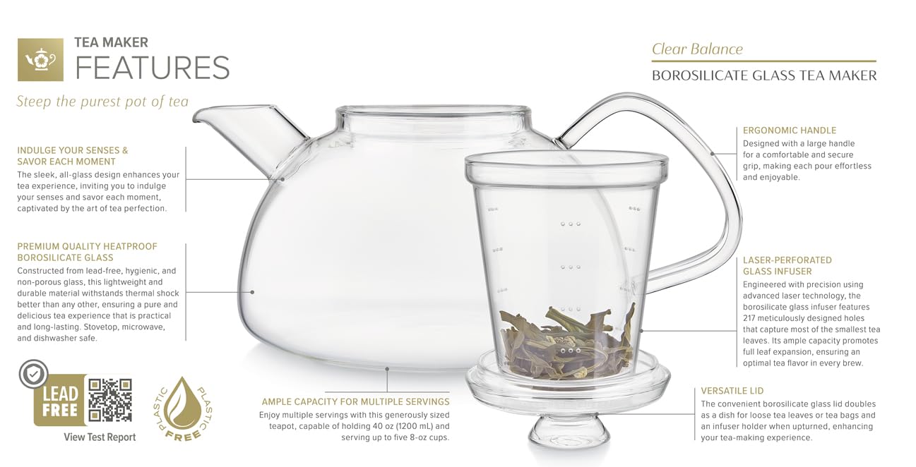 Teabloom Innovative Filtered Borosilicate Glass Teapot With Microdot Whole Leaf Tea Glass Infuser, 40 ounces – A Pure & Immersive Tea Experience – Tea Purist's Choice