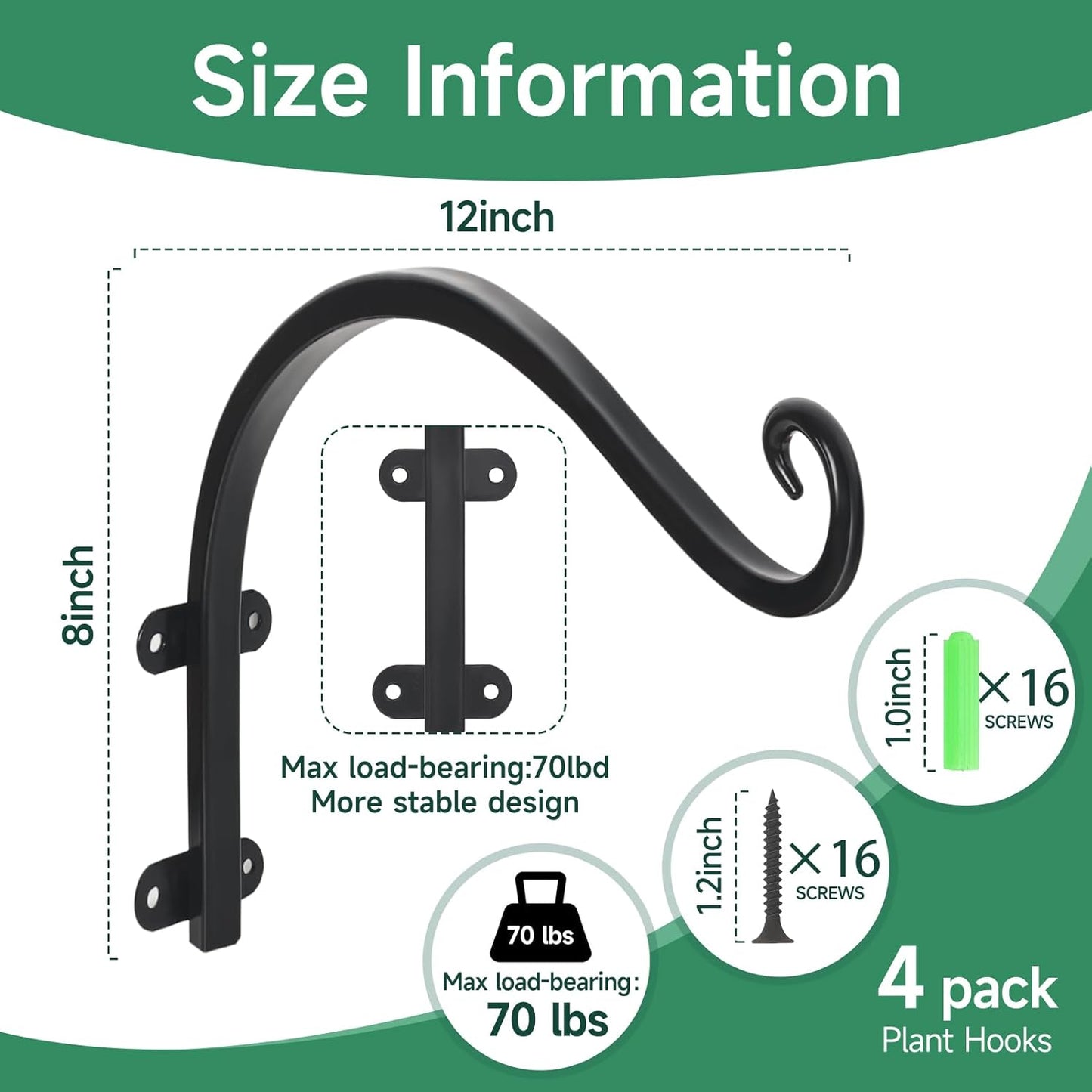 Sturdy 12-Inch Plant Hanger Hooks by [Brand Name] - Versatile Bracket for Indoor/Outdoor Use | Black