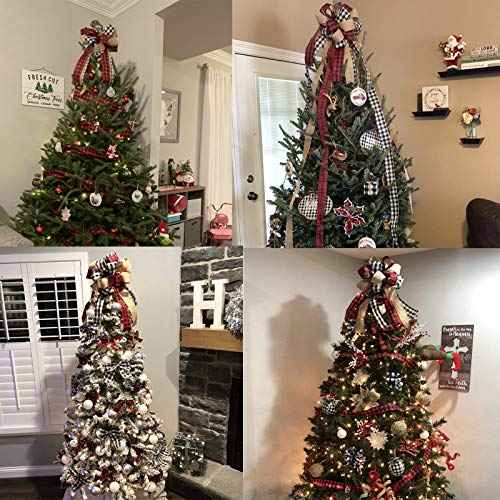 Christmas Bows Tree Topper Red Black White Buffalo Plaid Ornaments Handmade for Wreath Door Burlap Rustic Farmhouse Decoration (Burlap Buffalo Plaid)