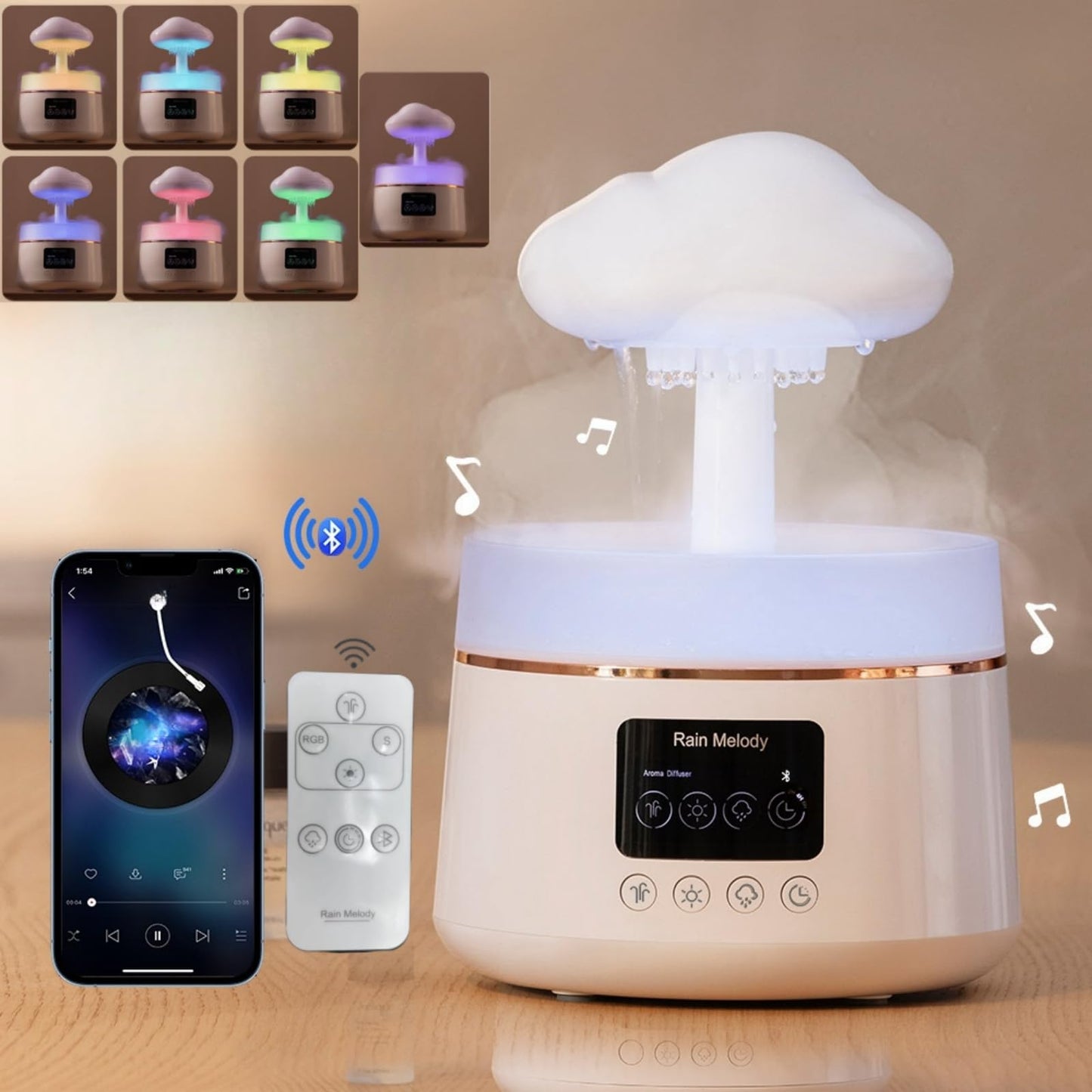 30db silent rain cloud humidifier for bedroom，3 types brightness and 7 color lighting humidifier, equipped with remote control & Bluetooth music, rain humidifier water dripsimulating rain sound sleep