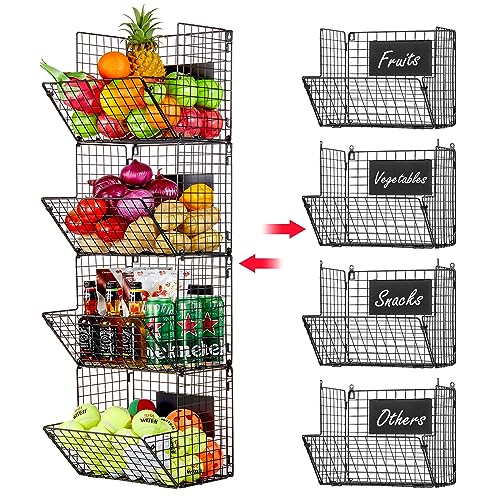 4 Pack Wall Mount Wire Basket Organizer - Extra Large Black Storage Bins with Chalkboards