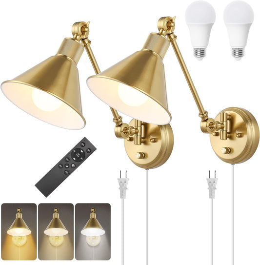 TRLIFE Wall Sconce Plug in, Dimmable Wall Sconces Swing Arm Wall Lights with Plug in Cord, Wall Mounted Light with Dimmer On/Off Knob Switch, UL Listed(2 Pack, 2 Bulbs Included)