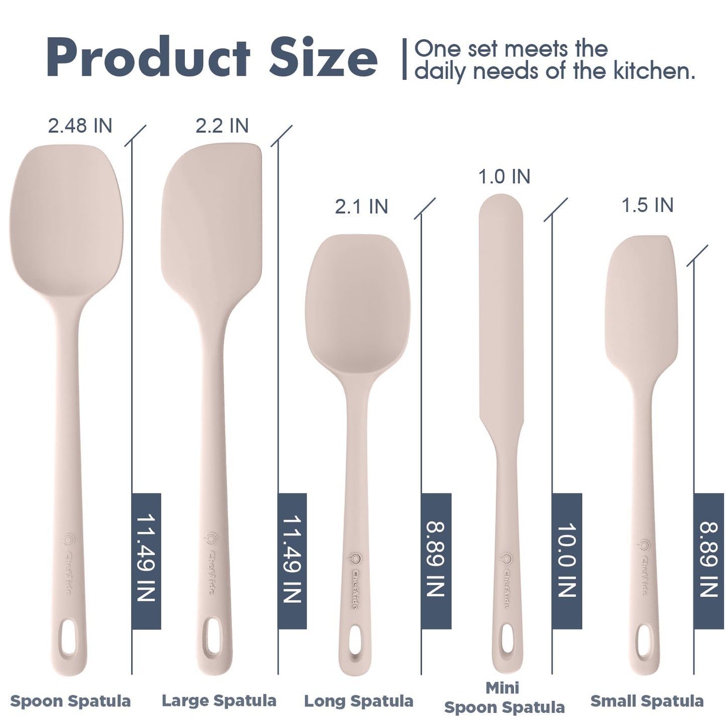 ChefAide 5 Pieces Silicone Spatula Set, Food Grade Rubber Spatula, Upgrade Strong Handle with Ergonomic Grip, Heat Resistant Up to 600°F for Nonstick Cookware, Cooking