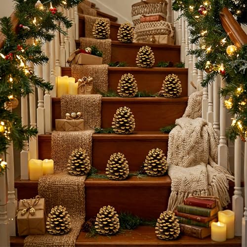 Janinka 24 Pcs 4 Inch Gold Christmas Glitter Pine Cones Ornaments
