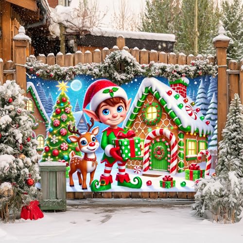 Merry Christmas Banner 71 x 43 in - Reindeer Elf Village Backdrop for Holiday Decor