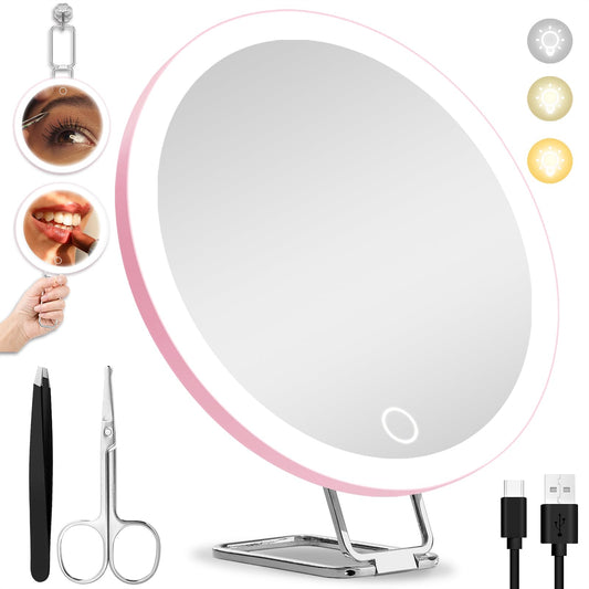 20X Magnifying Mirror with Light, 6'' Makeup Magnifying Mirror with 3 Color Lights Dimming 20x Makeup Mirror with Magnification, Lighted Travel Magnifying Mirror, 3 Suction Cups, 360° Adjustable Stand