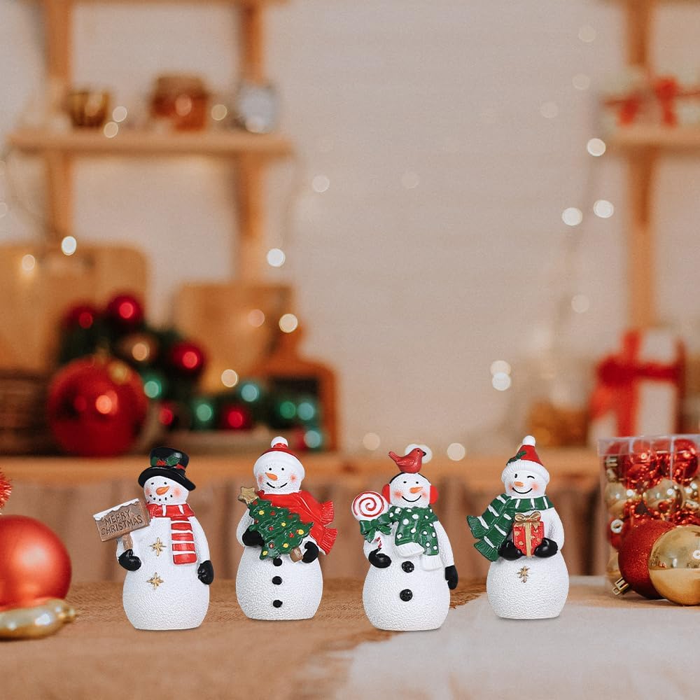 MEETYAMOR Christmas Snowman Ornaments - 4 PCS Rustic Resin Decor for Home & Table Display